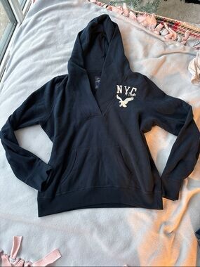 American Eagle Outfitters Black Cowl Hoodie Sweater with White NYC Logo
